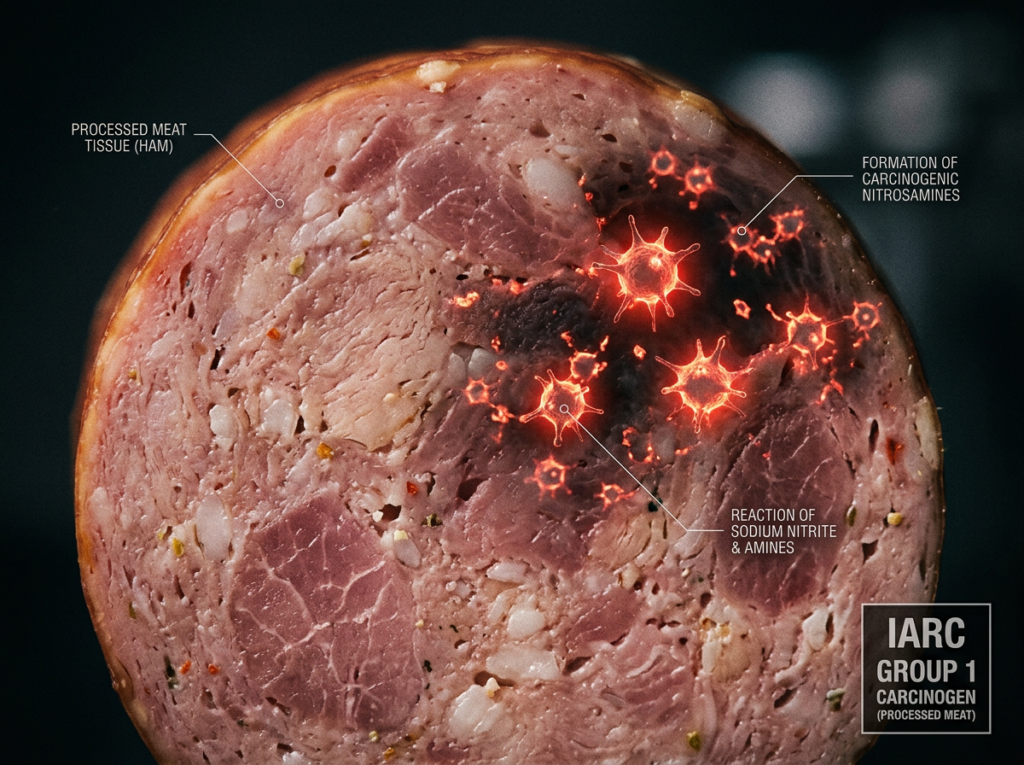 Scientific cross-section visualization of processed meat with glowing toxic red nitrosamine compounds forming inside the meat tissue at a molecular level pulsing with dangerous red orange light representing how sodium nitrite becomes cancer-causing nitrosamines