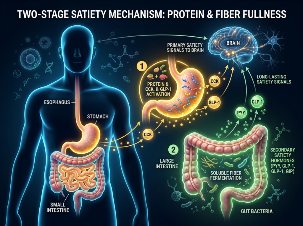 Medical visualization of the human digestive system showing two-stage satiety hormone release with protein triggering GLP-1 in the stomach and soluble fiber activating secondary hormones in the large intestine