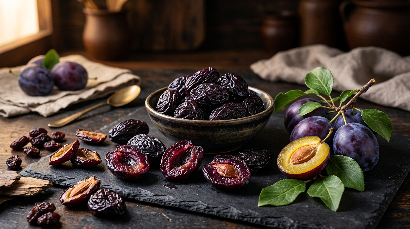 Cinematic editorial food photography of fresh and dried prunes artfully arranged on dark slate with some cut open showing rich deep purple flesh, warm dramatic side lighting, representing prunes as a powerful and underrated diet superfood