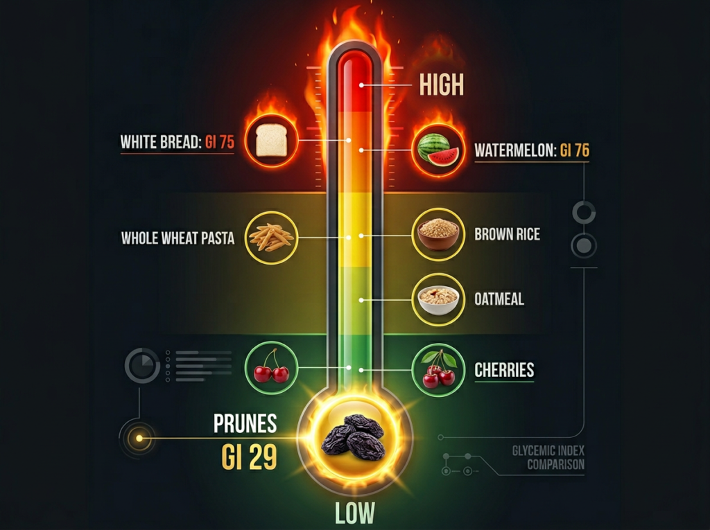 Glycemic index thermometer scale visualization with prunes glowing gold at GI 29 in the cool green low zone at the bottom versus white bread at 75 and watermelon at 76 blazing red in the high zone at the top, showing prunes are surprisingly low glycemic