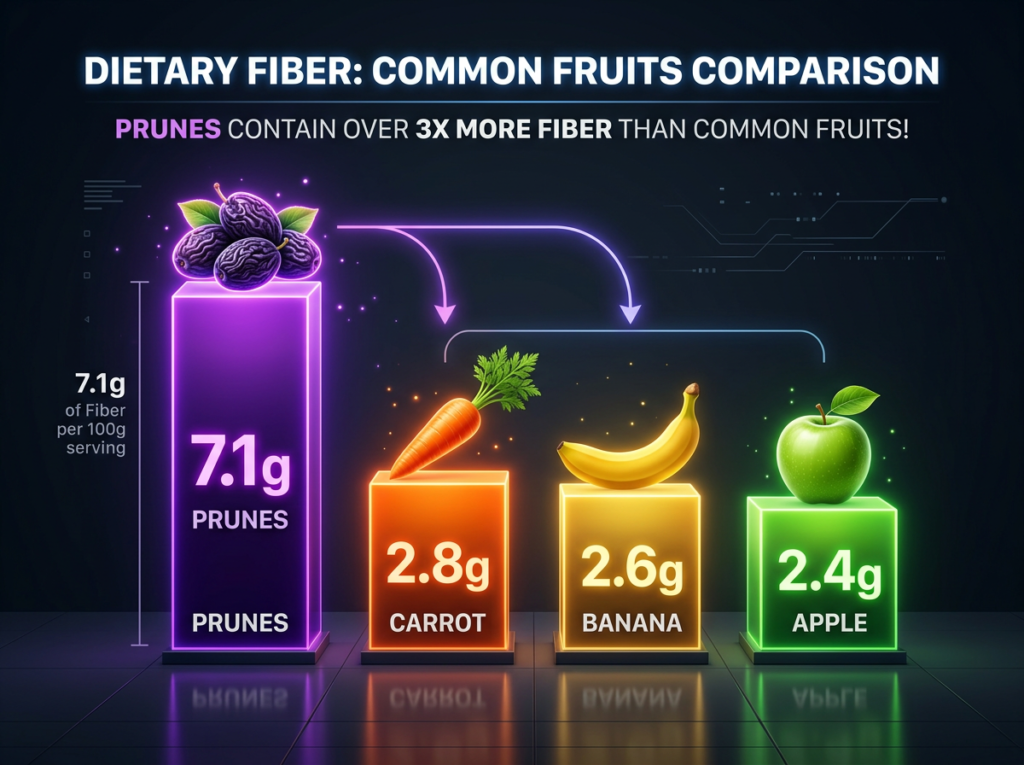 Infographic bar chart comparison of dietary fiber content showing prunes towering in deep purple at 7.1g against apple at 2.4g banana at 2.6g and carrot at 2.8g representing prunes having approximately three times more fiber than common diet foods