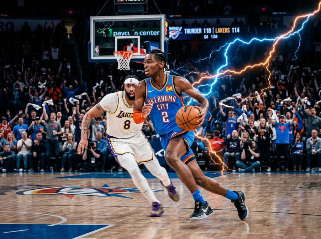 Basketball player in blue and orange Oklahoma City Thunder jersey driving explosively past a defender with lightning effects around him, representing Shai Gilgeous-Alexander MVP performance against the Lakers