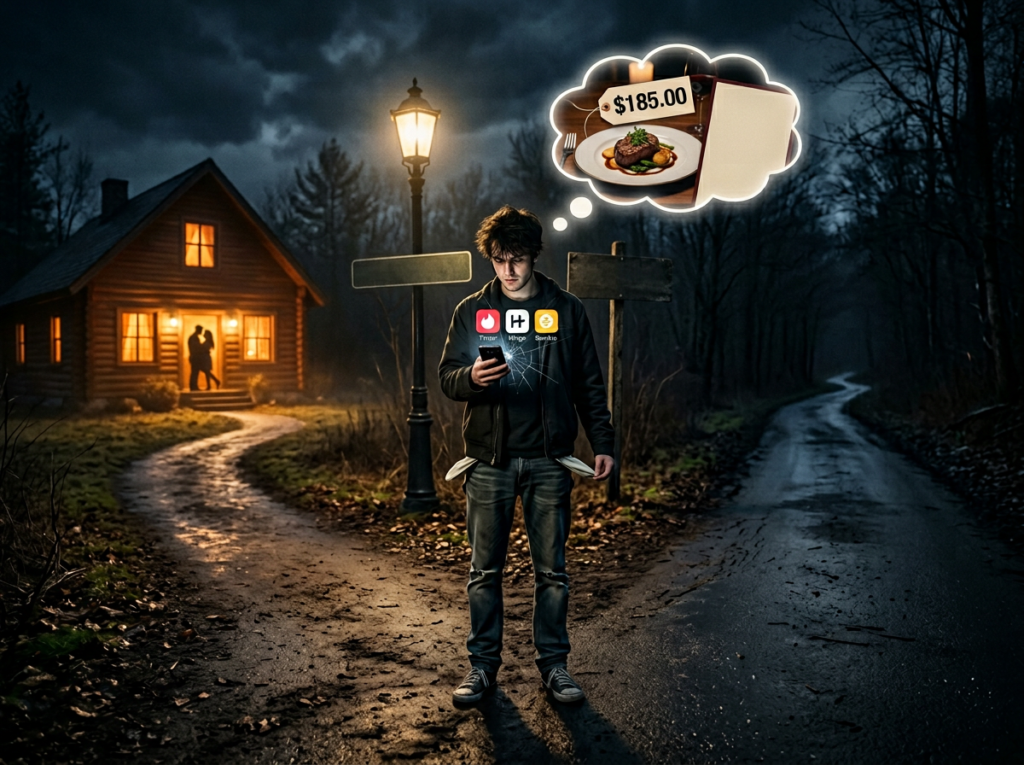 Cinematic conceptual illustration of a young adult standing at a dark crossroads at night, one path leading toward a warmly lit home with a couple silhouette, the other path leading into darkness, with empty pockets turned inside out and a cracked phone showing dating apps, symbolizing financial barriers and the dating skills gap.