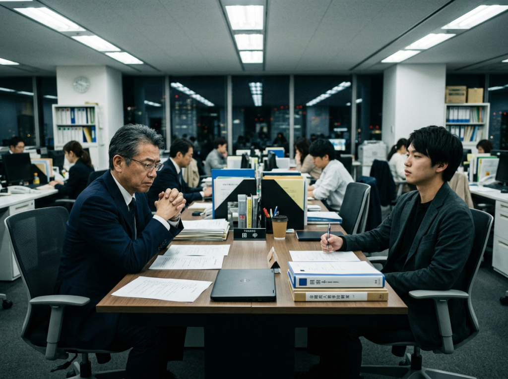 Middle-aged Japanese manager and young new employee sitting awkwardly across from each other in a modern office, neither speaking, symbolizing the generational gap in Japan's workplace culture