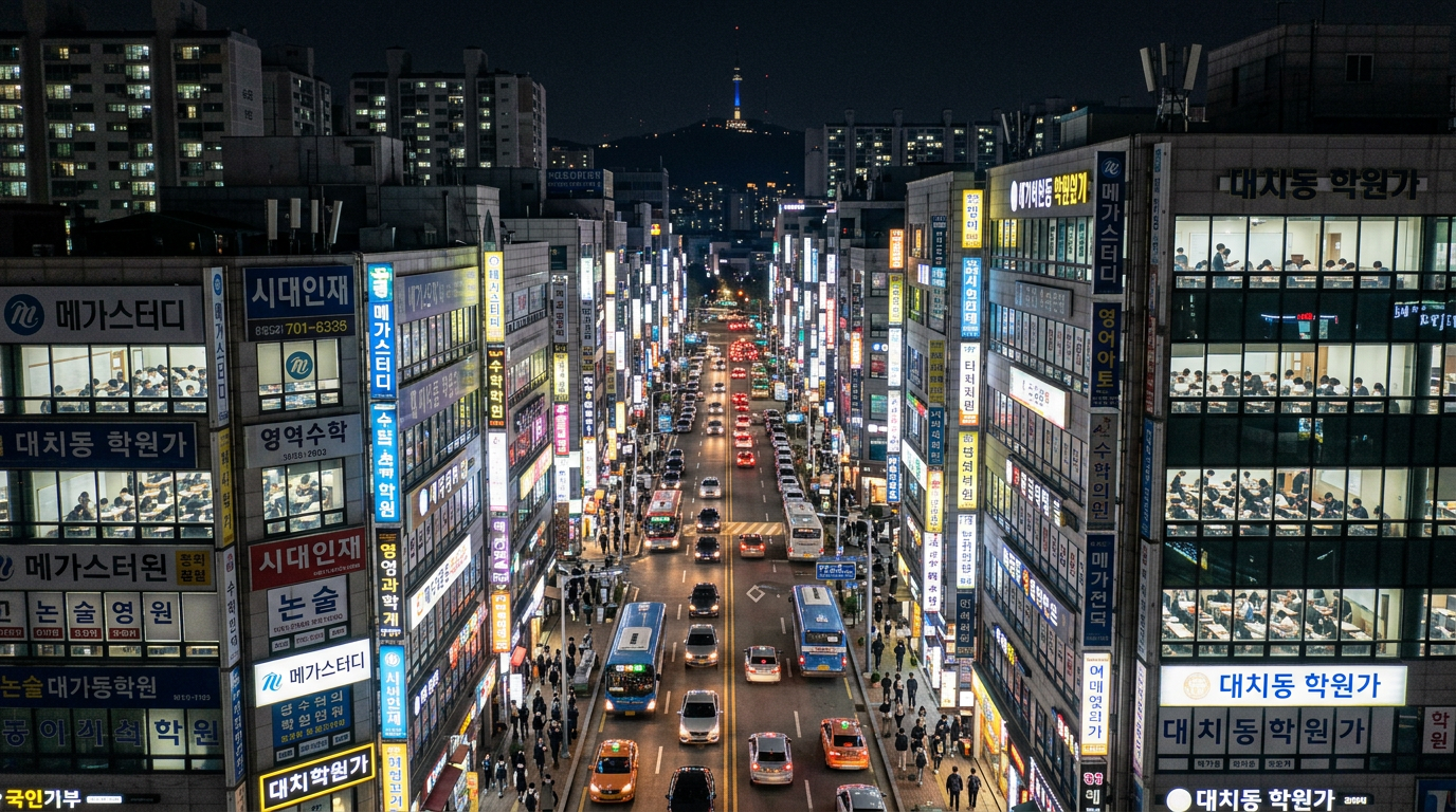 Aerial night shot of Daechi-dong Gangnam Seoul streets lined with brightly lit hagwon tutoring academy signs stacked floor after floor in every building, with students visible through windows studying late at night