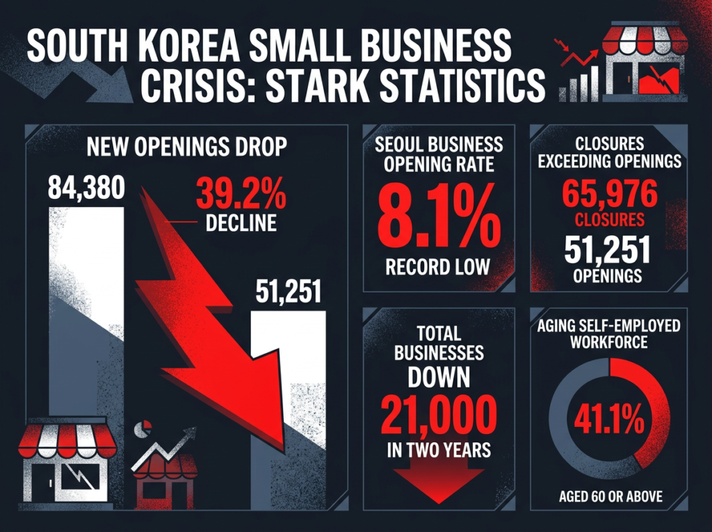 Dark editorial infographic showing South Korea small business collapse statistics with bold red warning numbers and downward arrows — 8.1% record low opening rate, 39.2% decline in new businesses, 65976 closures exceeding 51251 openings, 21000 businesses gone in two years, and 41.1% of self-employed aged 60 and above.