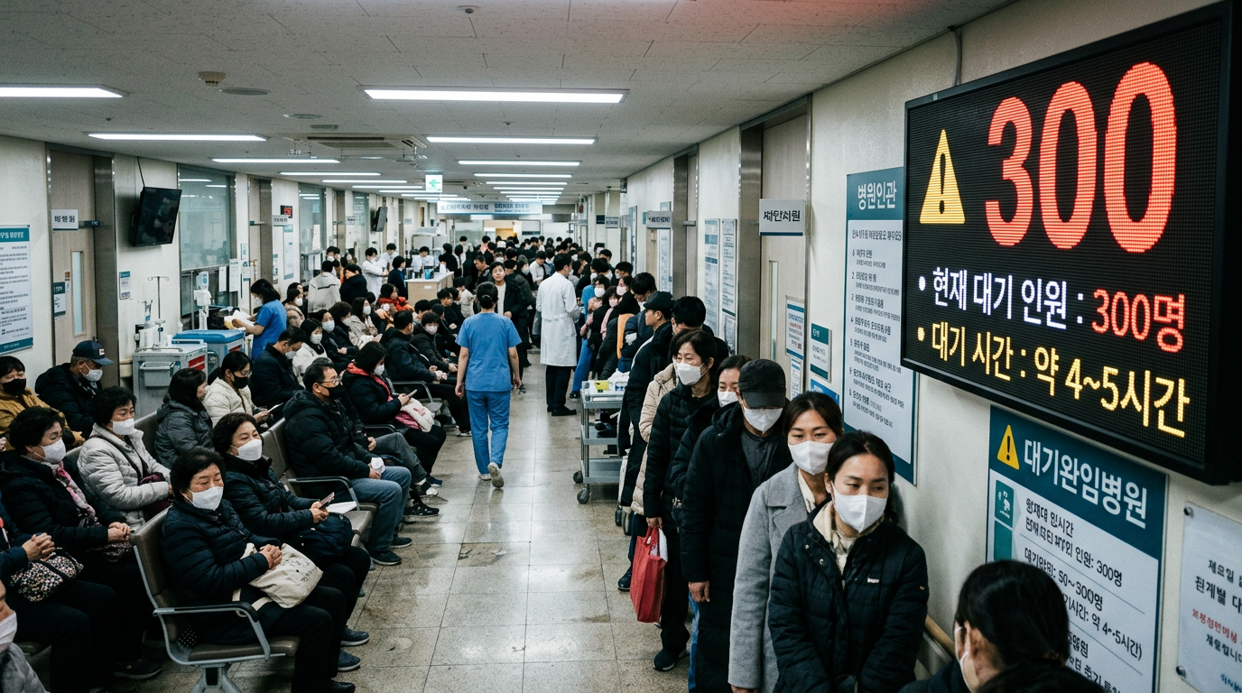 Crowded South Korean hospital corridor with a bold 300-visit warning sign on the wall, representing the government's new policy to penalize excessive medical shopping