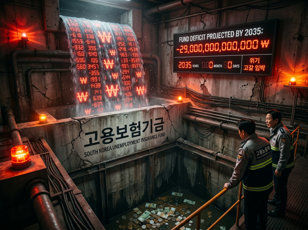 Dramatic visualization of a cracked nearly empty vault representing South Korea unemployment insurance fund being rapidly drained by a waterfall of red numbers and won currency symbols, with a deficit counter approaching 29 trillion won by 2035