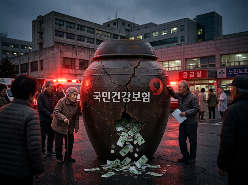 Cracked piggy bank with a medical cross symbol spilling coins, surrounded by elderly patients and hospital buildings with red warning light, representing South Korea's national health insurance budget crisis