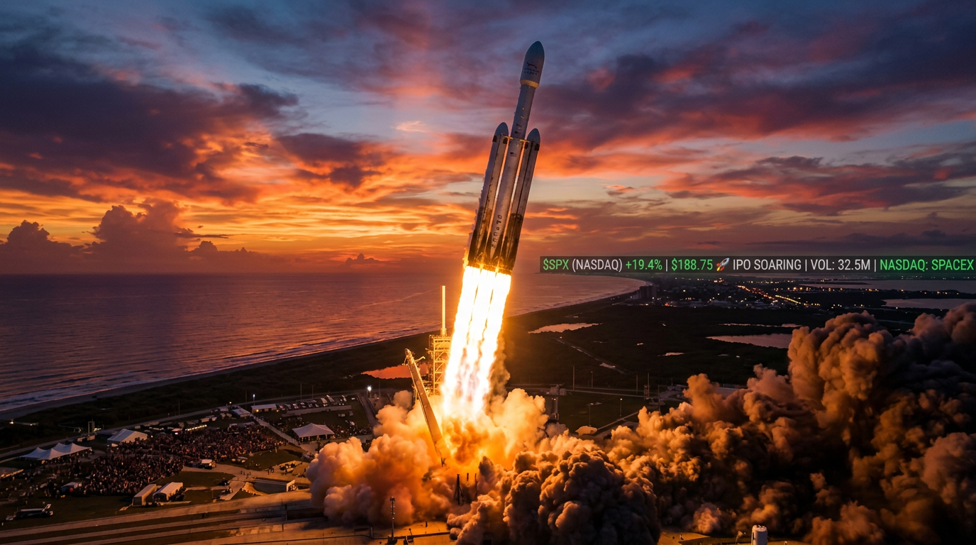 SpaceX Falcon Heavy rocket launching into a dramatic sunset sky with massive flames and smoke, symbolizing the historic SpaceX IPO filing at a one trillion dollar valuation