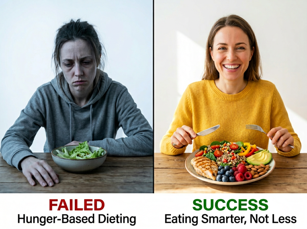Split comparison showing the same person looking miserable in front of a tiny salad bowl on the left versus happy and energetic in front of a colorful protein and fruit meal on the right