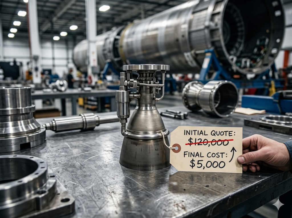 PNG image of a Tesla tent production line and a chalkboard showing drastic cost reduction figures.