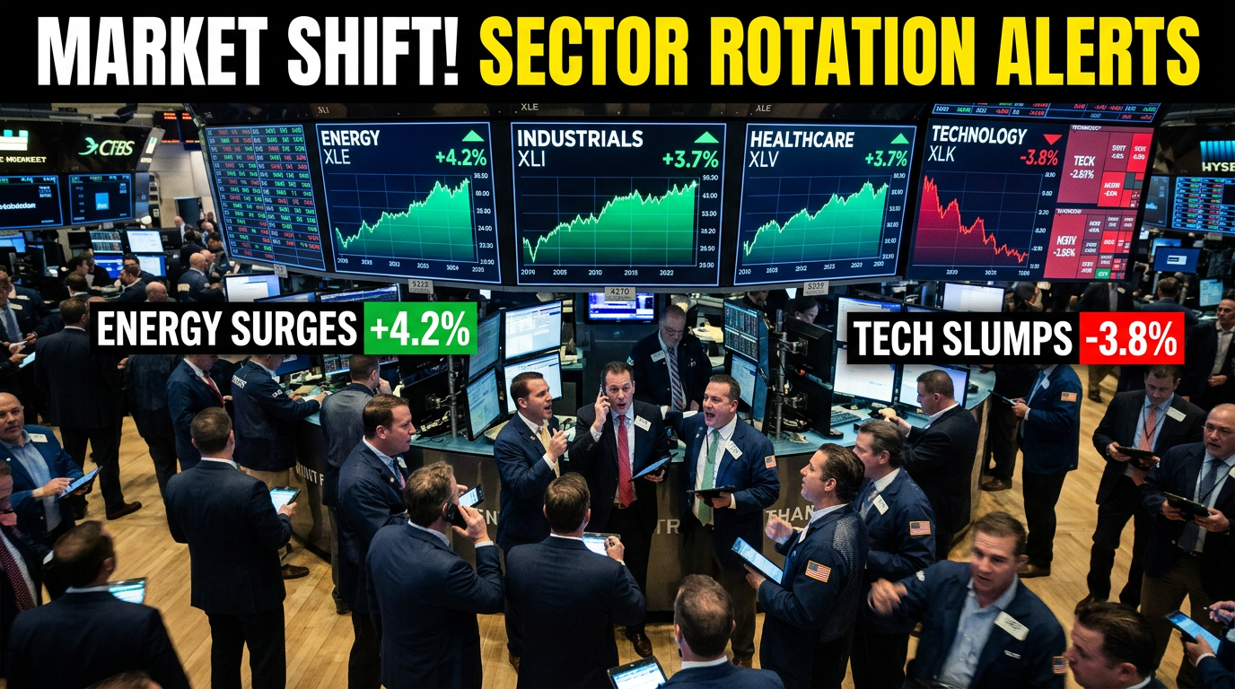 Busy Wall Street trading floor with giant screens showing sector rotation — energy, industrials, and healthcare glowing green while tech stocks show red, traders reacting with urgency, bold financial data overlays, representing the 2026 market shift away from AI stocks.