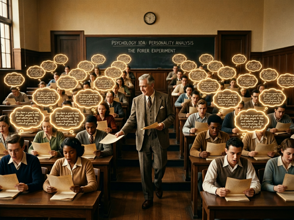 Professor handing identical papers to all students in a 1940s classroom, each student reading with amazed self-recognition and identical thought bubbles above their heads, visualizing the Barnum Effect and Forer experiment