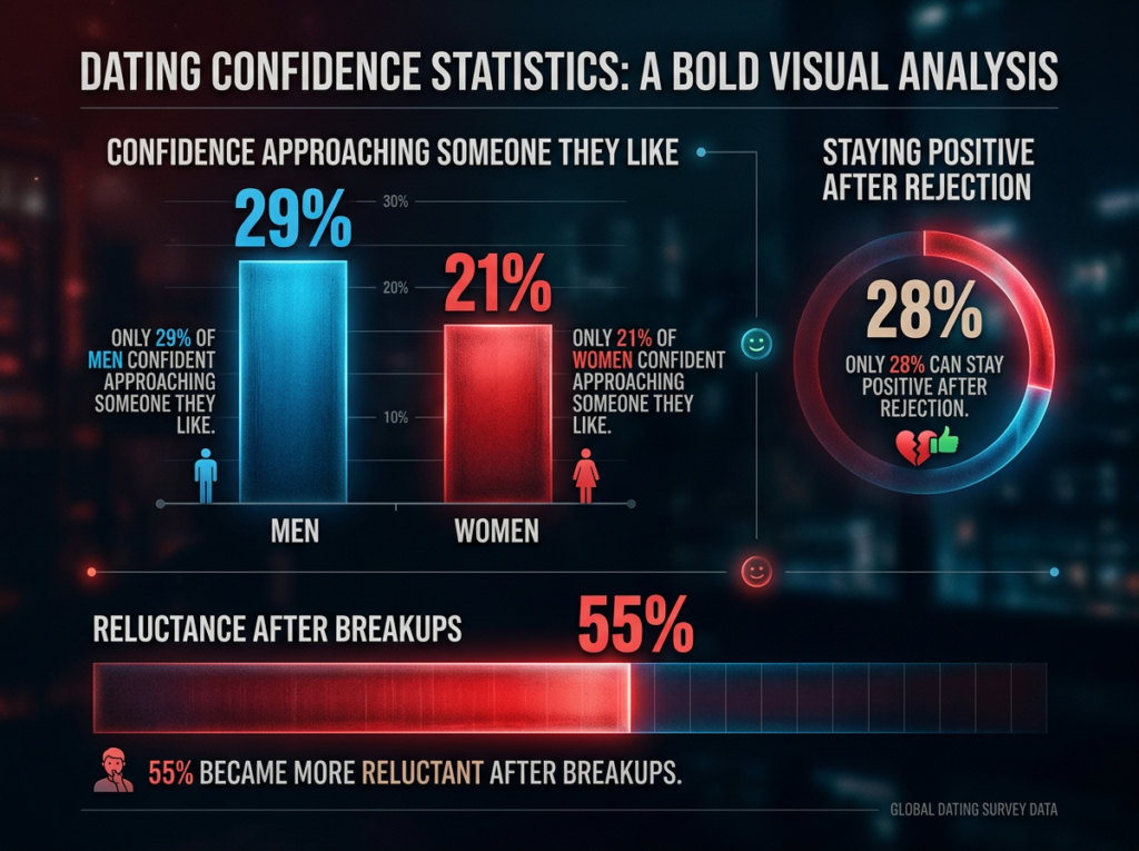 Dark editorial data visualization showing dating confidence statistics with bold red and blue bar charts — 29% men and 21% women confident approaching someone they like, 28% resilient after rejection, 55% more reluctant after breakups, representing the American youth dating confidence collapse.