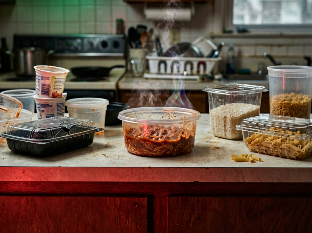 Reused disposable plastic takeout containers with hot steaming food and faint toxic vapor visibly leaching into the food, microscopic scratch patterns on container surfaces, representing endocrine disruptor dangers from reused plastics