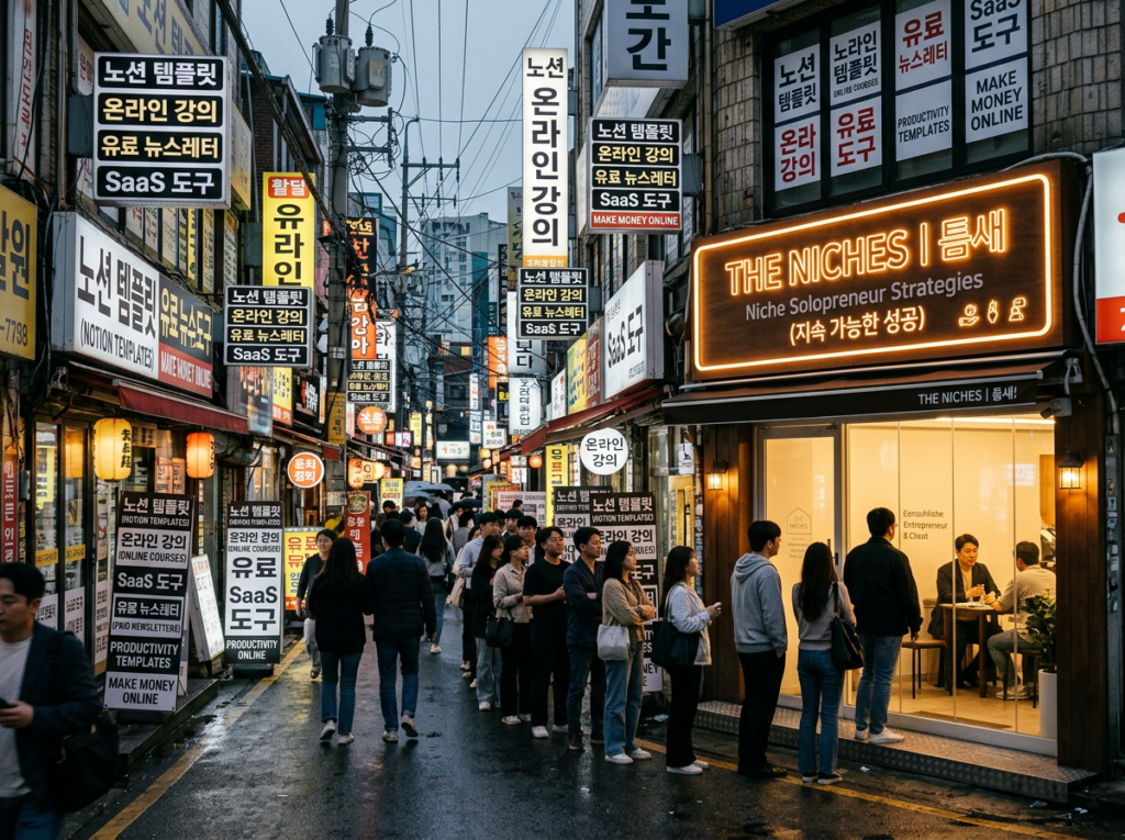Satirical editorial scene of a digital marketplace street styled like a Korean fried chicken franchise alley, storefronts showing identical Notion templates, online courses, and paid newsletter signs packed together in a crowded row, while one uniquely branded glowing shop stands apart with a queue of customers, representing the oversaturated solopreneur market versus niche success.