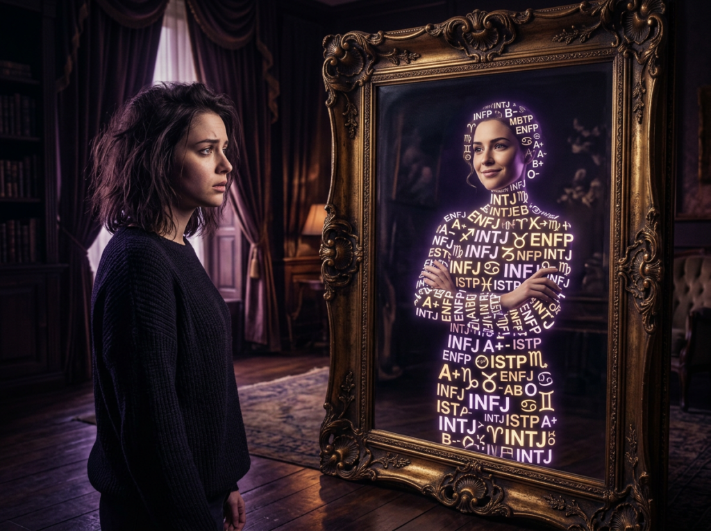 Person standing before a large ornate mirror seeing a reflection made entirely of MBTI letters, zodiac symbols, and blood type icons instead of their real face, representing the self-fulfilling prophecy of personality labels