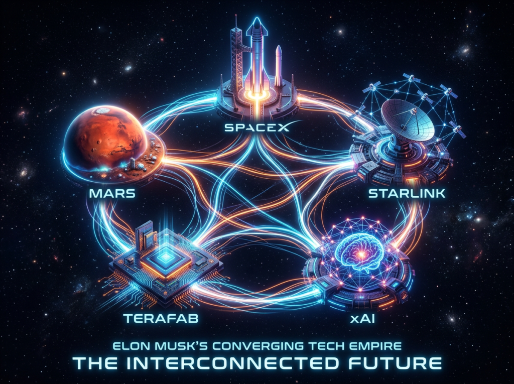 Futuristic digital visualization of five interconnected glowing nodes representing a rocket, satellite, AI brain, microchip, and Mars planet connected by energy lines, symbolizing Elon Musk's converging tech empire