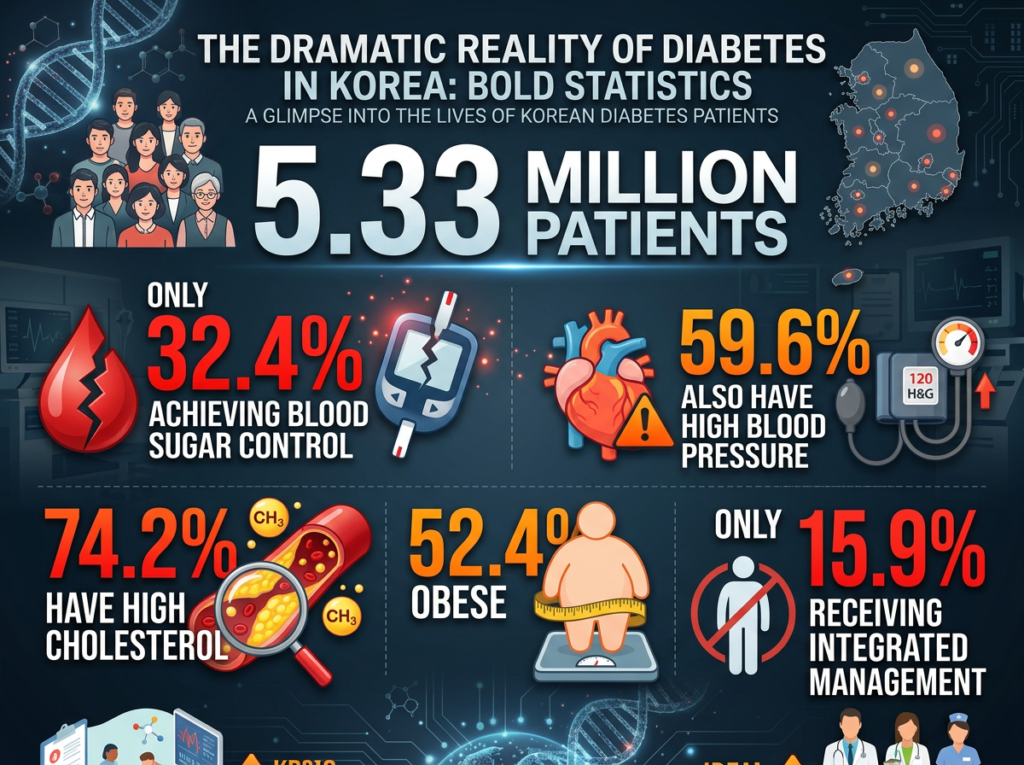 Dark clinical infographic showing alarming Korean diabetes statistics with bold red warning numbers — 5.33 million patients, only 32.4% with controlled blood sugar, 74.2% with high cholesterol, 59.6% with high blood pressure, and only 15.9% receiving integrated comprehensive management.