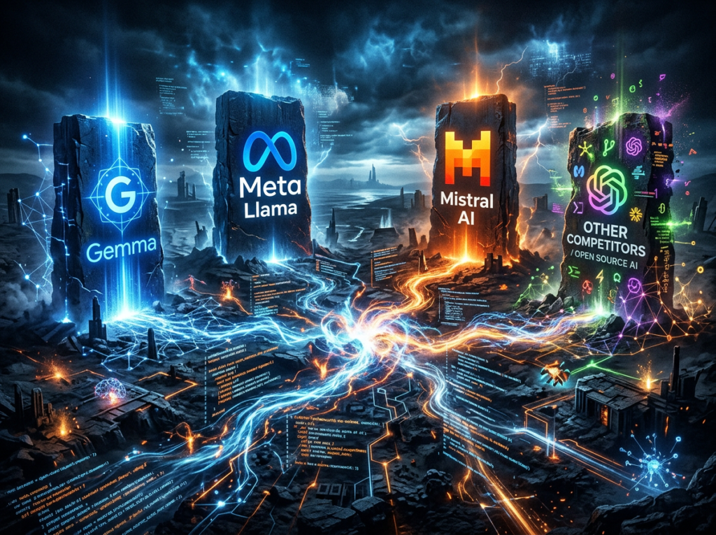 Four giant glowing monoliths representing Google Gemma, Meta Llama, Mistral, and other AI competitors facing each other on a dark digital battlefield, with open-source code streaming between them like rivers