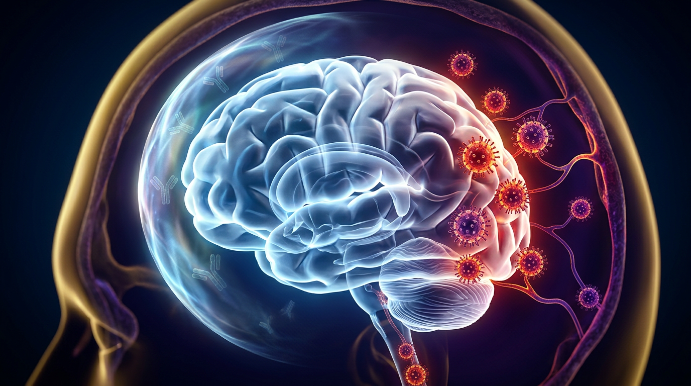 Cinematic medical visualization of a glowing human brain protected by a luminous vaccine shield on one side while varicella-zoster virus particles creep along nerve pathways on the other, representing shingles vaccine protecting against dementia