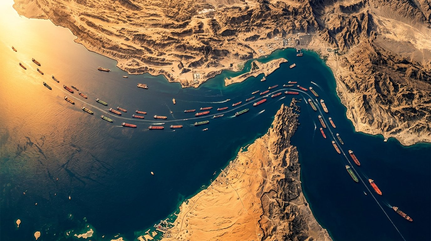 Epic cinematic aerial satellite view of the Strait of Hormuz at golden hour showing dozens of oil tankers queuing through two narrow 3km shipping lanes between Iran to the north and Oman and UAE to the south representing the world's most critical oil chokepoint