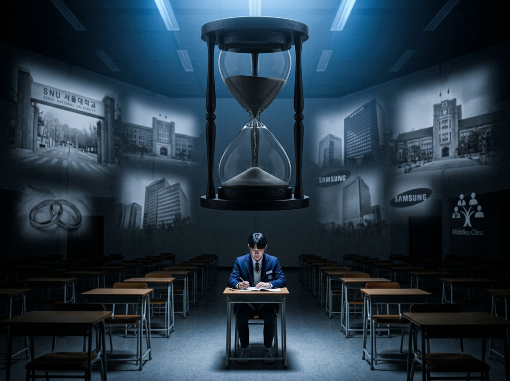Single student sitting alone at a tiny desk in a vast empty examination hall with a giant nearly empty hourglass looming above, surrounded by fading projections of universities and life milestones, visualizing South Korea CSAT suneung pressure