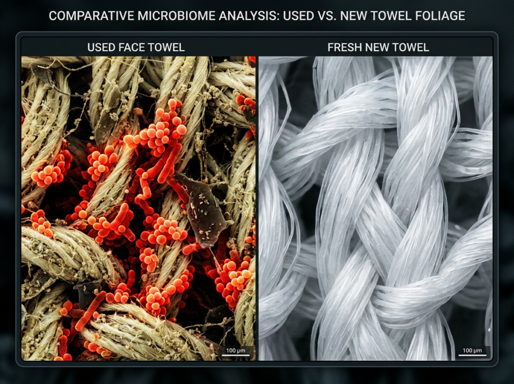Microscope-style macro visualization of densely packed bacteria colonies and dead skin cells glowing in red and orange on old towel fibers, contrasted with clean pristine new towel fibers beside it