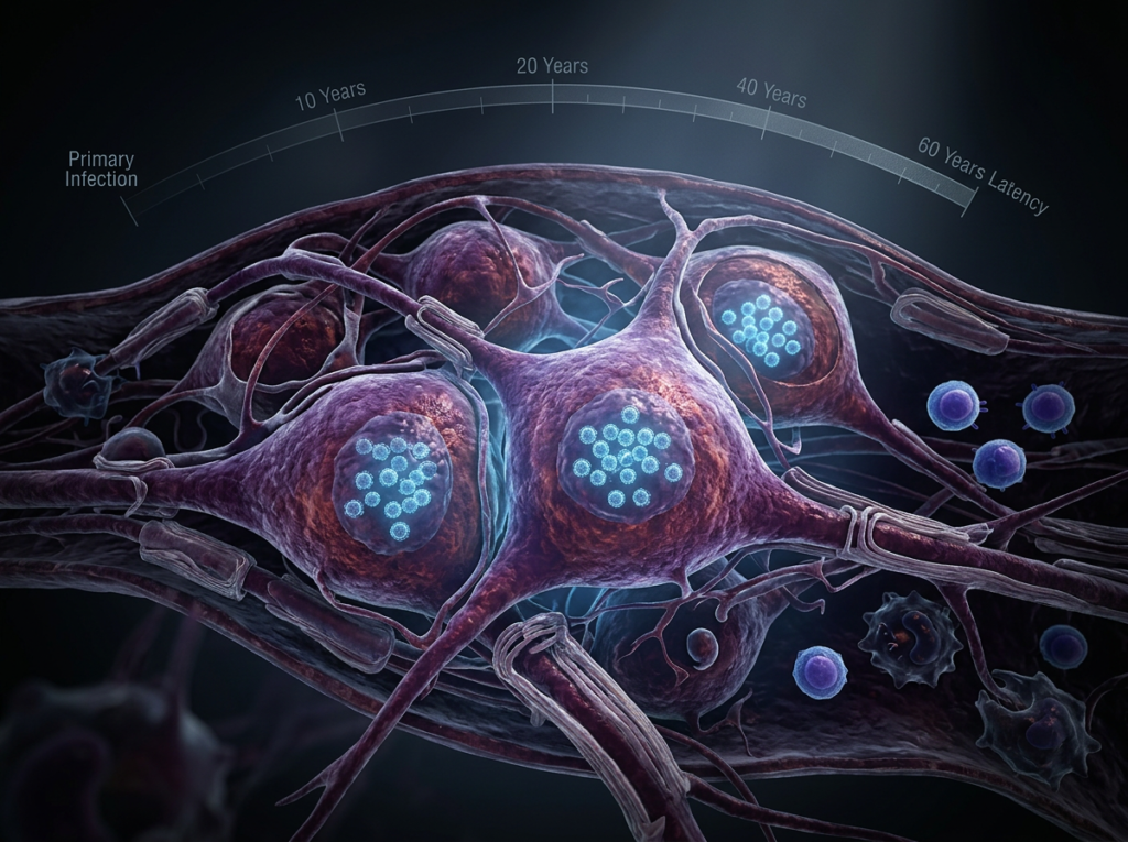 Haunting cross-section medical visualization of varicella-zoster virus particles hidden deep inside human nerve cell nuclei glowing in cold blue dormant light while immune system cells patrol outside unable to reach them, representing 60 years of viral latency