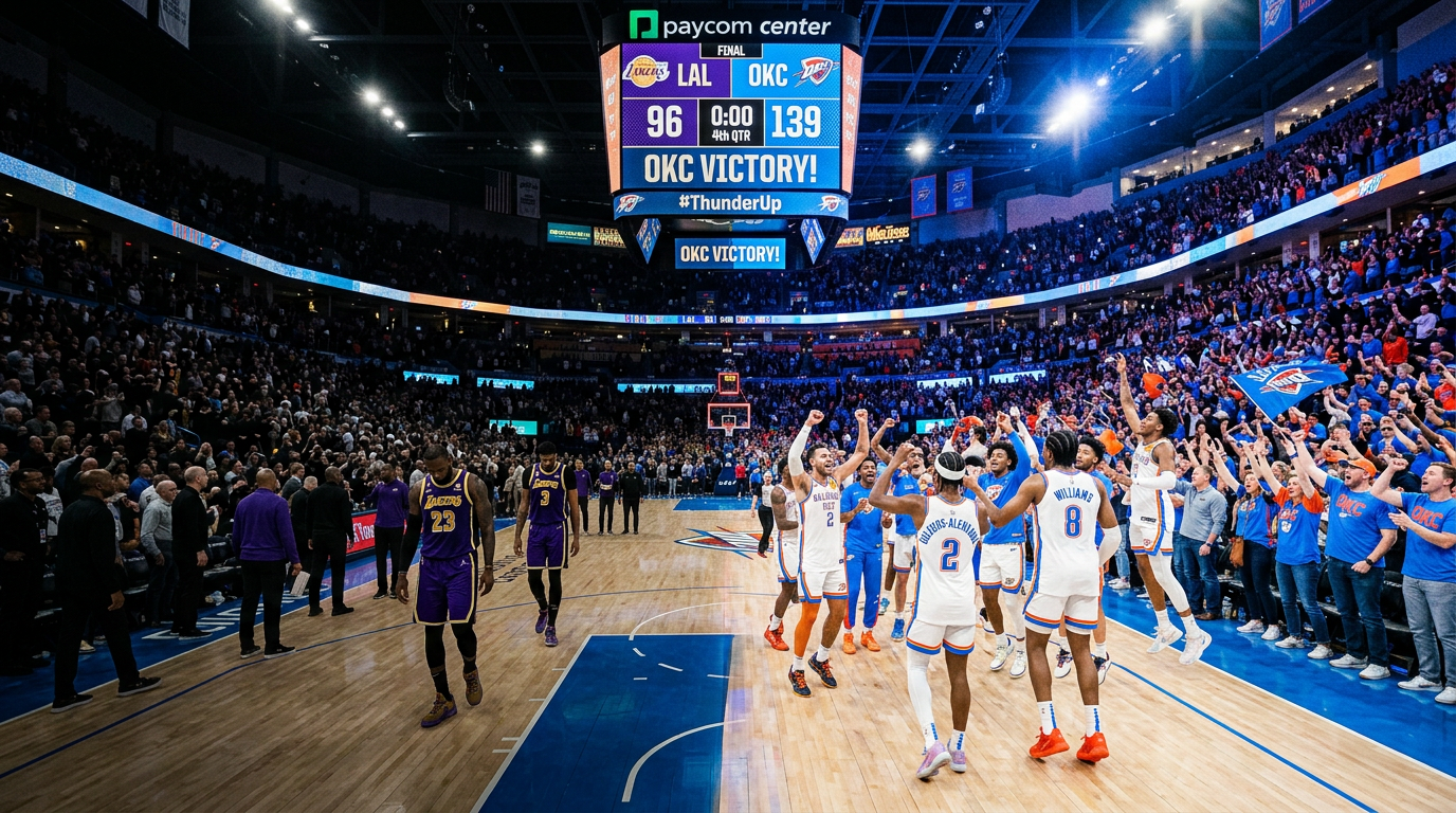 Basketball arena split between triumphant Oklahoma City Thunder players in blue and orange celebrating on one side and defeated Lakers players in purple and gold with heads down on the other, scoreboard showing 139-96