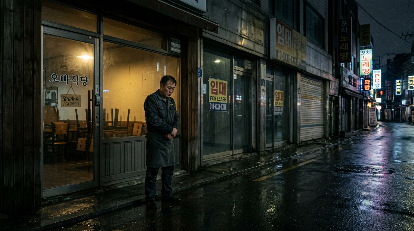 Tired middle-aged Korean man standing alone in front of his small empty restaurant at night, closed sign on the door, dim interior light, rain-wet street reflecting neon signs, surrounding storefronts showing for-lease signs, representing South Korea's small business collapse crisis in 2026.