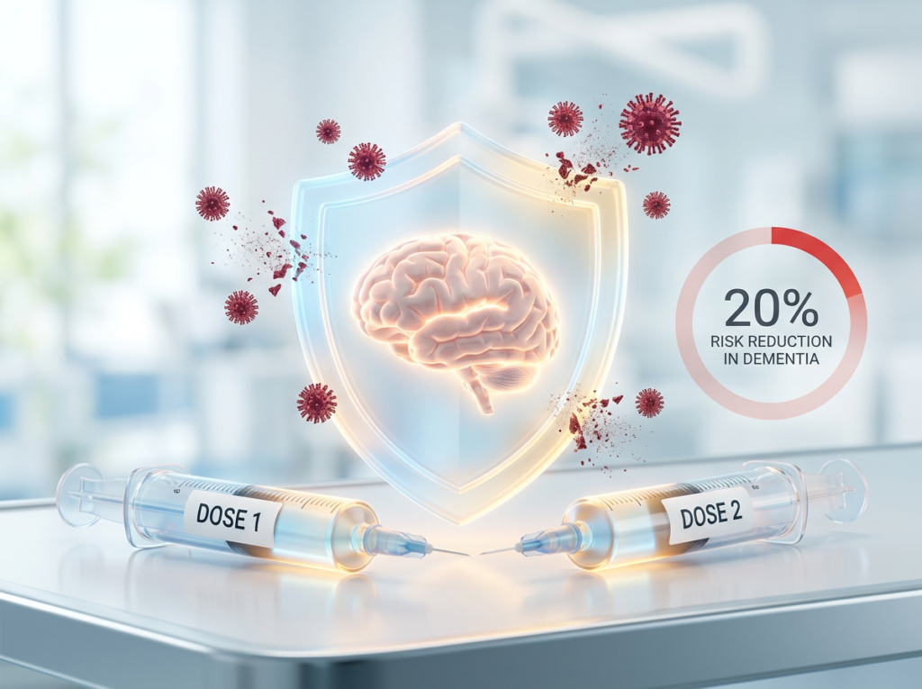 Two glowing vaccine syringes labeled dose 1 and dose 2 flanking a luminous shield protecting a healthy brain while red virus particles are deflected around it, representing the superior dementia protection of the complete two-dose shingles vaccine course