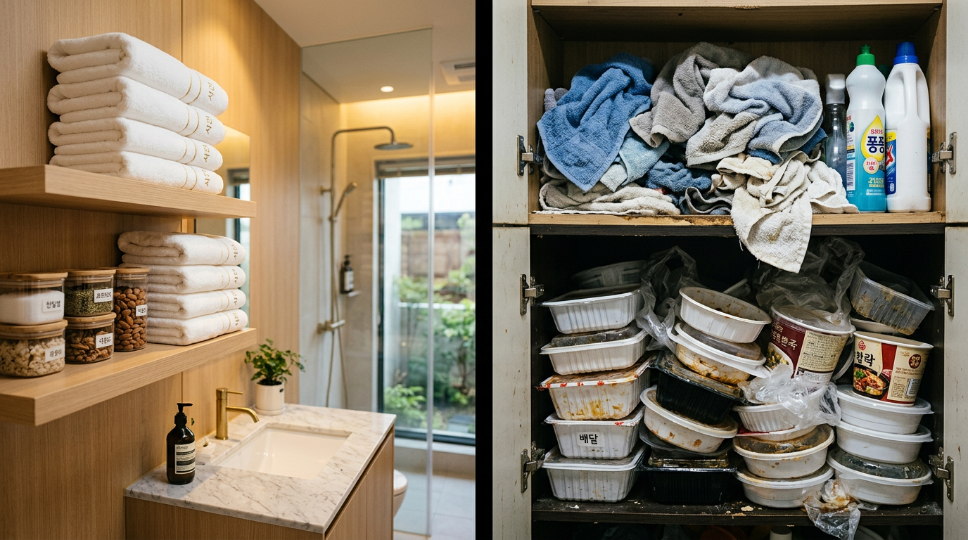 Split image comparing a pristine wealthy Korean home bathroom with fresh folded towels and glass containers on the left versus cluttered shelves with worn towels and reused disposable plastic containers on the right