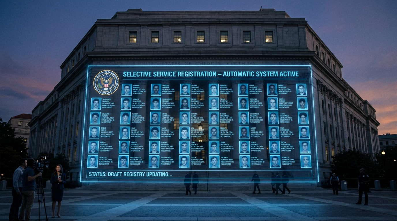 Dramatic cinematic wide shot of a government building at dusk with a massive holographic digital draft registry database automatically populating with thousands of young male names and faces glowing blue in real time representing the new US automatic Selective Service registration system