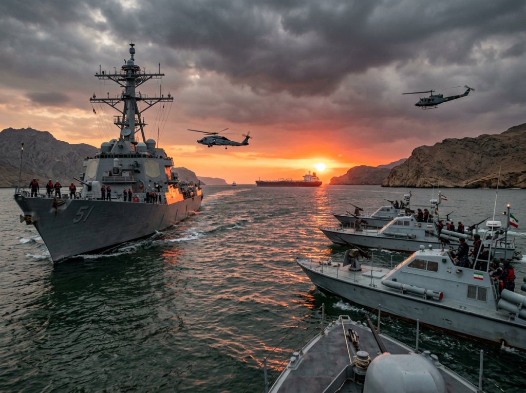 Tense cinematic naval standoff in the Strait of Hormuz showing a US Navy warship facing Iranian Revolutionary Guard patrol boats at close range in narrow waters at dramatic sunset with rocky coastlines on both sides and storm clouds gathering overhead