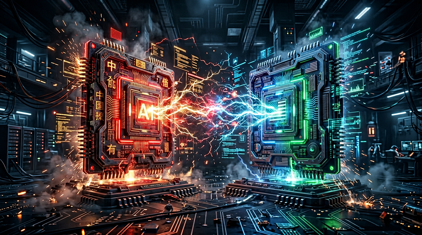 Two futuristic AI chips facing off against each other, one glowing blue for the USA and one glowing red and gold for China, representing the US-China semiconductor war