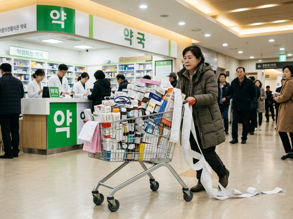 Person pushing an overflowing shopping cart filled with medicine bottles and prescription papers inside a Korean hospital lobby, satirically representing the concept of excessive medical shopping