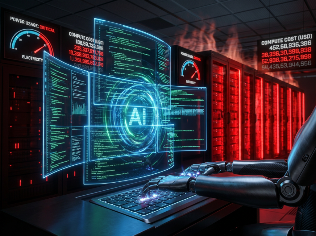 Futuristic visualization of an autonomous AI coding agent with code streaming across floating screens and a robotic arm typing, server racks glowing red-hot in the background with electricity meters spiking and cost counters rising, representing the massive compute resources consumed by Claude Code autonomous coding sessions.