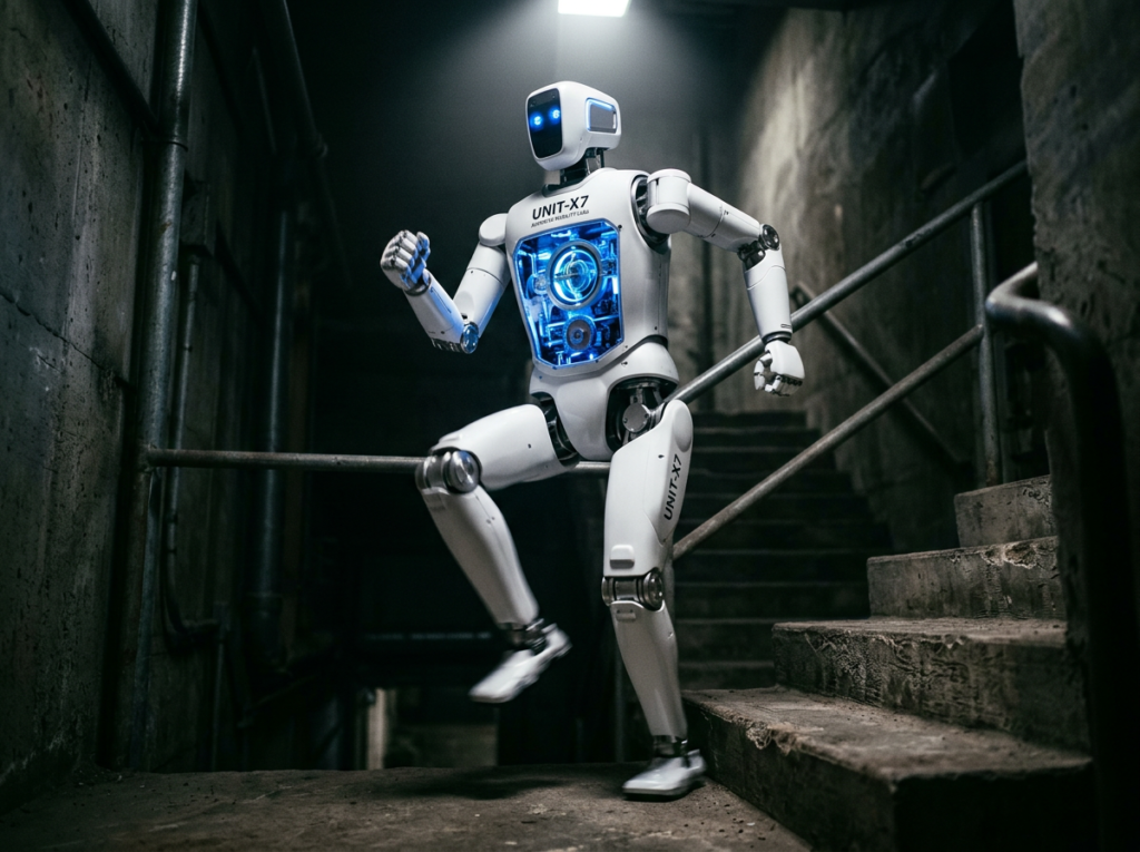 Close-up of a white humanoid robot mid-stride climbing stairs with transparent body cutaway showing glowing blue gyroscope and balance sensors, motion blur on legs, representing the engineering challenge of robot stair climbing