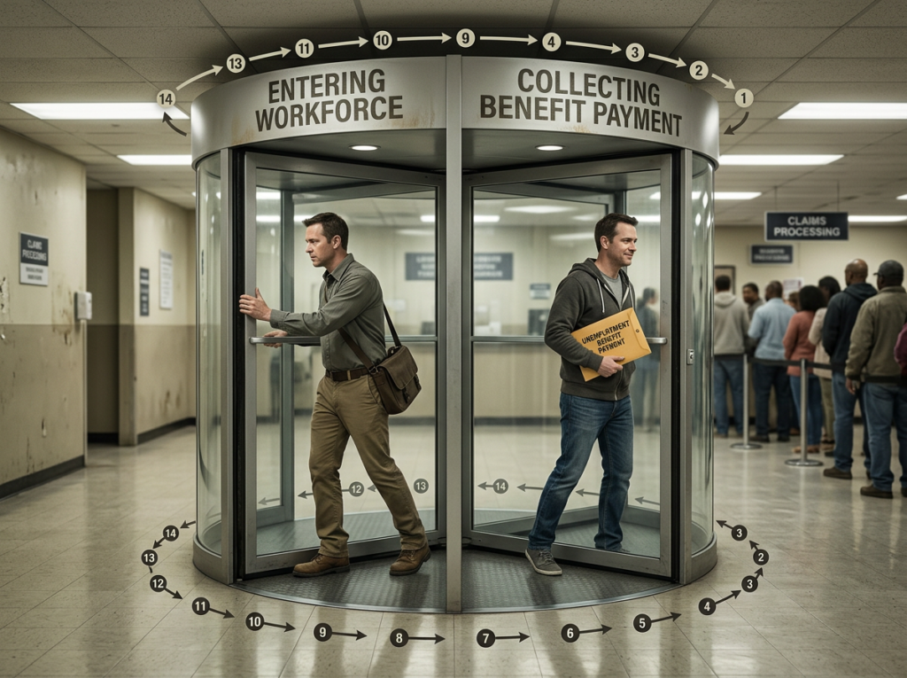 Conceptual revolving door visualization showing a person cycling between work clothes and casual benefit-collecting clothes 14 times, representing deliberate repeat unemployment benefit collection in South Korea