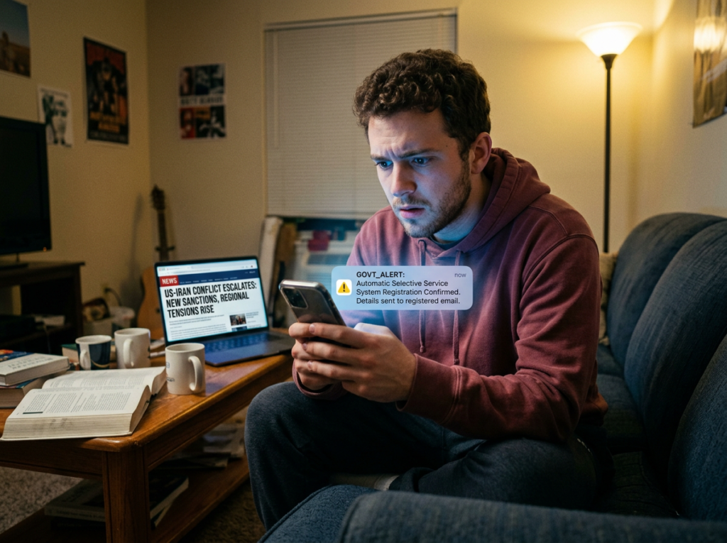 Young American man at home looking deeply concerned at his phone showing an official government automatic draft registration notification with a US-Iran conflict news headline visible on his laptop screen behind him representing the reality of automatic Selective Service enrollment
